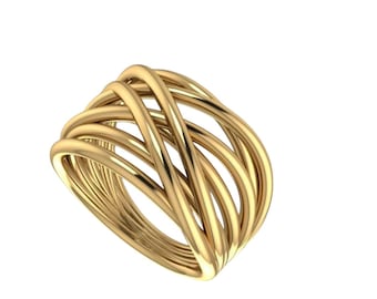 May include: A gold ring featuring a wide band constructed from multiple thin, polished gold wires that overlap and crisscross in a continuous, open-work pattern, creating a cage-like structure with a smooth, reflective metallic finish.