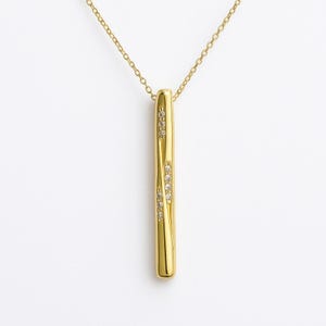 Gold Diamond Bar Necklace, Genuine Natural Diamond Long Pendant 18k Yellow gold - Personalized Bar Necklace - Fine Jewelry