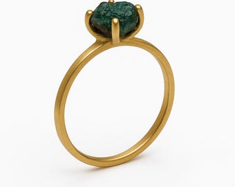 Raw Emerald Ring 18k Solid Yellow Gold - May Birthstone