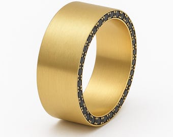 18k Solid Gold Black Diamond Eternity Wedding Band - Unisex Pave Ring