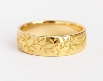 Gold-Geburtsblumen-Ring natürliche inspirierte Blatt Ehering Art-Deco-handgemachte gravierte Eheringe Minimalist Ring Geschenk für sie