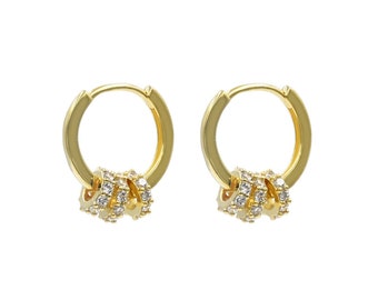 Luxury Three Small Round Sparkly Hoop Earrings • 18k 925 sterling silver • Dainty Earrings • Huggie Earrings