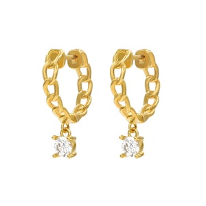 Irregular Hollow Out Chain Hoop Simulated Diamond CZ Drop Earrings with dangling CZ stone in Gold and Silver