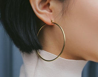 60mm Large Hoops • Minimalist Lightweight Hoop Earrings in Gold or Silver