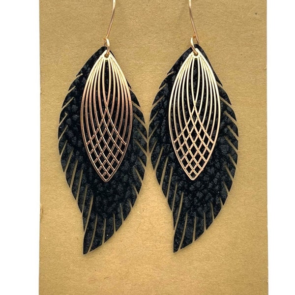 2 layer Leather Feather earrings, boho earrings, layered leather earrings, large feather earrings, Fringe Leather Feather, black feather