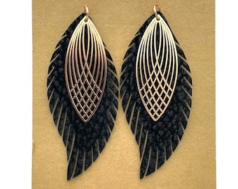 2 layer Leather Feather earrings, boho earrings, layered leather earrings, large feather earrings, Fringe Leather Feather, black feather