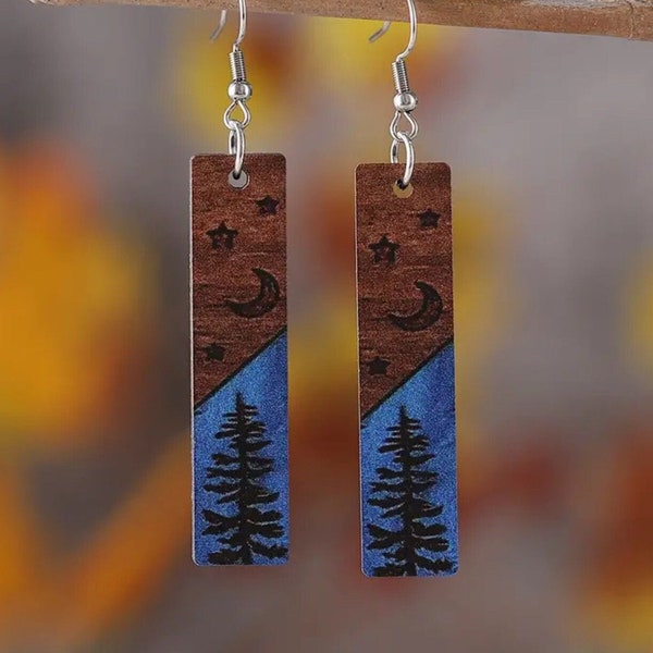 Outdoor Pine Tree Star Moon Stainless Steel Wooden Dangle Earrings, Women's Geometric blue Rectangle Drop Earrings