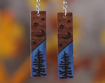 Outdoor Pine Tree Star Moon Stainless Steel Wooden Dangle Earrings, Women's Geometric blue Rectangle Drop Earrings