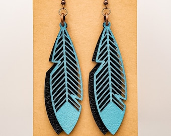 Leather Feather Earrings, Turquoise feather Earrings, feather earrings, boho Earrings, teal feather, turquoise earrings, western earrings