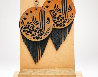 Desert Flower Rose Cactus Printed Leather Earrings Bright Succulent Cactus Blooming Cactus