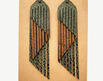 3 layer Fringe Leather earrings, Western earrings, rodeo earrings, leather earrings, brown Fringe Leather, Olive green leather earrings,boho