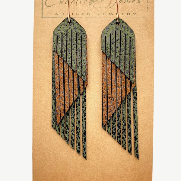 3 layer Fringe Leather earrings, Western earrings, rodeo earrings, leather earrings, brown Fringe Leather, Olive green leather earrings,boho