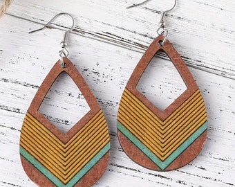 Wood Geometric tear drop Shape Arrow Pattern Dangle Earrings Retro Turquoise color Wooden Jewelry