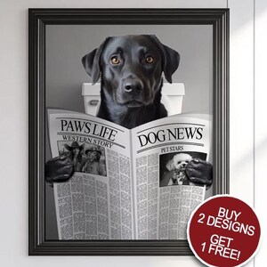 Puede incluir: Un perro negro sentado en un inodoro leyendo un periódico con los titulares "Paws Life" y "Dog News". El perro lleva un collar y tiene una expresión seria en su rostro. La imagen es una visión humorística de la idea de que los perros son como los humanos.