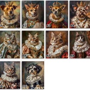 Pode incluir: Uma cole&ccedil;&atilde;o de 10 pinturas digitais de gatos e c&atilde;es em um cen&aacute;rio real. Cada imagem apresenta um animal de estima&ccedil;&atilde;o usando uma coroa e roupas ornamentadas, que se assemelha a um retrato da era renascentista.