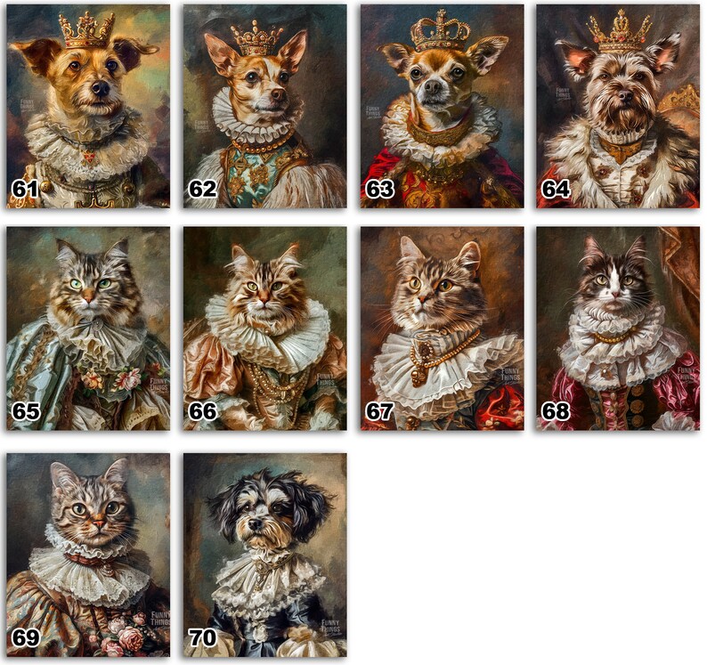 Pode incluir: Uma cole&ccedil;&atilde;o de 10 pinturas digitais de gatos e c&atilde;es em um cen&aacute;rio real. Cada imagem apresenta um animal de estima&ccedil;&atilde;o usando uma coroa e roupas ornamentadas, que se assemelha a um retrato da era renascentista.