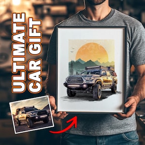 Ritratto di auto personalizzato con sfondo - Illustrazione di un SUV fuoristrada da foto, tramonto in montagna, regalo personalizzato per lui o per gli amanti delle auto