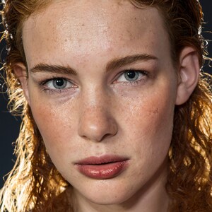Peut inclure: Portrait rapproch&eacute; d'une femme aux cheveux roux et aux taches de rousseur. Elle a une expression neutre, les l&egrave;vres l&eacute;g&egrave;rement entrouvertes. Sa peau est claire et ses yeux sont bleus.