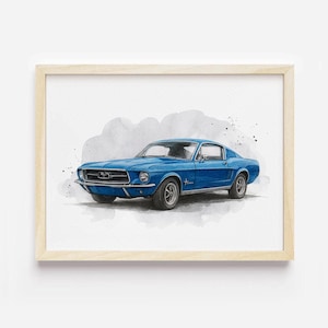 Custom Ford Mustang 1965–70 Watercolor Print, Classic Muscle Car Art, Personalized Car Portrait, Vintage Garage Decor, Gift for Car Lover