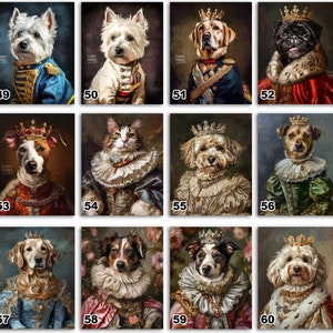 Pode incluir: Uma colagem de 10 imagens com v&aacute;rios animais vestidos com trajes reais. Os animais incluem c&atilde;es, gatos e um coelho. Cada animal usa uma coroa e um traje real, como uma capa, um vestido ou um terno. As imagens s&atilde;o ambientadas em uma variedade de fundos, incluindo uma floresta, um jardim e um castelo.