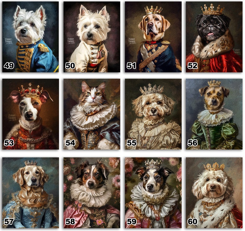 Pode incluir: Uma colagem de 10 imagens com v&aacute;rios animais vestidos com trajes reais. Os animais incluem c&atilde;es, gatos e um coelho. Cada animal usa uma coroa e um traje real, como uma capa, um vestido ou um terno. As imagens s&atilde;o ambientadas em uma variedade de fundos, incluindo uma floresta, um jardim e um castelo.