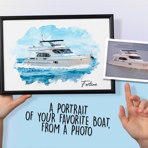 May include: A watercolor painting of a white boat named "Fortune" on the water. The painting is framed in black and there is a photo of the same boat in the background.