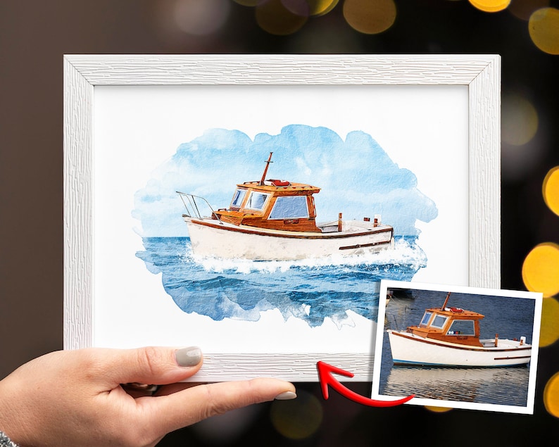 May include: Watercolor painting of a white and brown boat on blue water with a white frame. The painting is a watercolor rendition of a photograph of the boat.