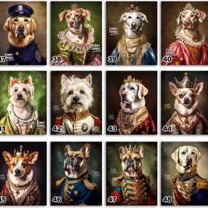 Pode incluir: Uma colagem de 12 imagens com c&atilde;es vestidos com v&aacute;rias fantasias hist&oacute;ricas. Os c&atilde;es usam coroas, uniformes militares e t&uacute;nicas reais. As imagens est&atilde;o sobre um fundo escuro com um fundo verde, marrom ou azul. As imagens s&atilde;o etiquetadas com os n&uacute;meros de 37 a 48.