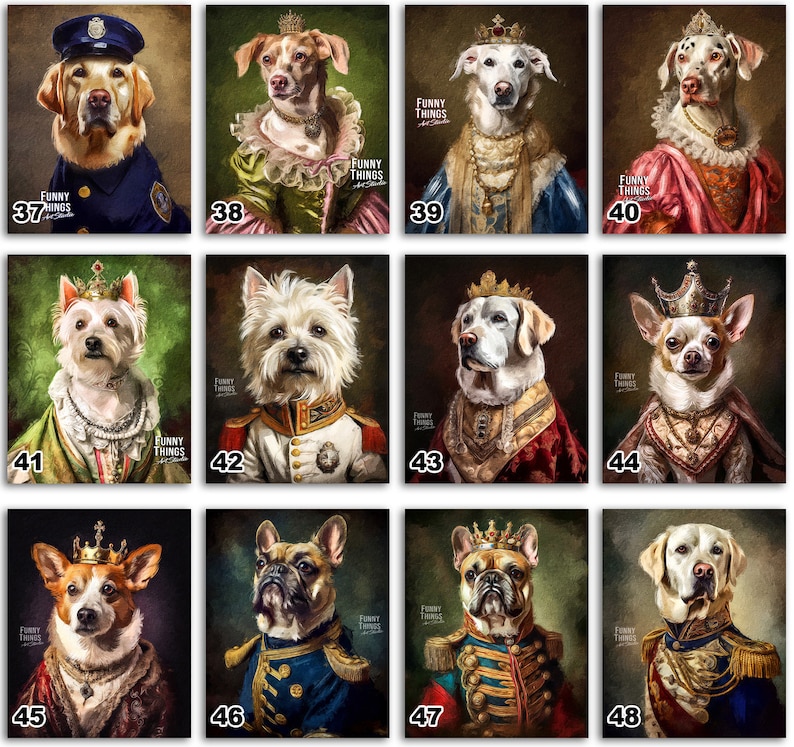 Pode incluir: Uma colagem de 12 imagens com c&atilde;es vestidos com v&aacute;rias fantasias hist&oacute;ricas. Os c&atilde;es usam coroas, uniformes militares e t&uacute;nicas reais. As imagens est&atilde;o sobre um fundo escuro com um fundo verde, marrom ou azul. As imagens s&atilde;o etiquetadas com os n&uacute;meros de 37 a 48.