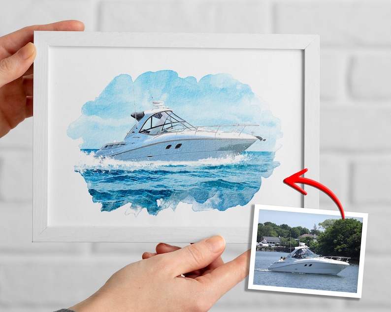 May include: A watercolor painting of a white boat on the water. The boat is in the center of the image and is surrounded by blue water and white clouds. The painting is framed in a white frame.