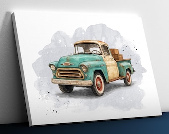Vintage Truck Watercolor Canvas – Retro Pickup Wall Art, Rustic Gift