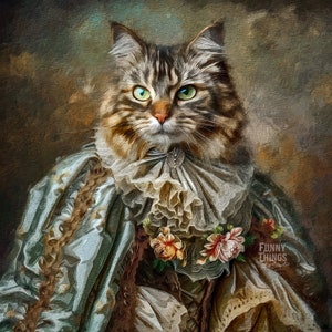Pode incluir: Um retrato de um gato vestido com um vestido de renda azul e branco com um enfeite floral. O gato tem olhos verdes e uma pelagem listrada marrom e preta. O fundo &eacute; marrom e verde opaco.