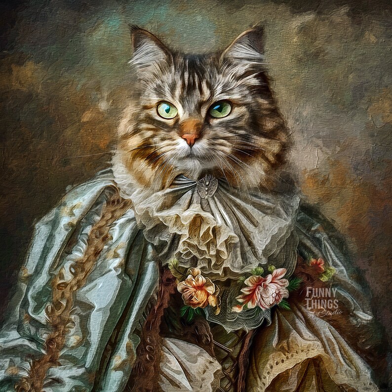 Pode incluir: Um retrato de um gato vestido com um vestido de renda azul e branco com um enfeite floral. O gato tem olhos verdes e uma pelagem listrada marrom e preta. O fundo &eacute; marrom e verde opaco.