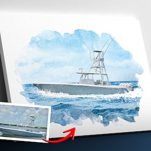 May include: A watercolor painting of a gray boat on the ocean with a blue sky in the background.