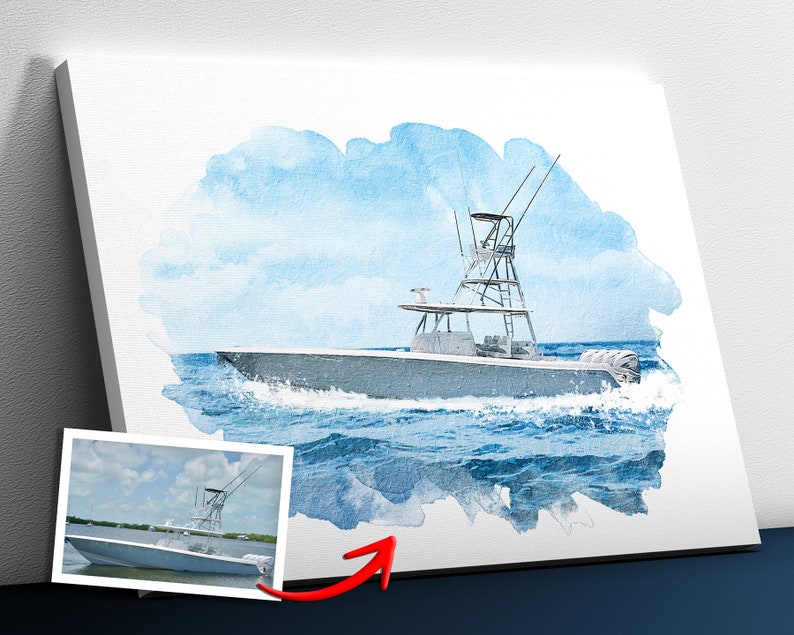 May include: A watercolor painting of a gray boat on the ocean with a blue sky in the background.
