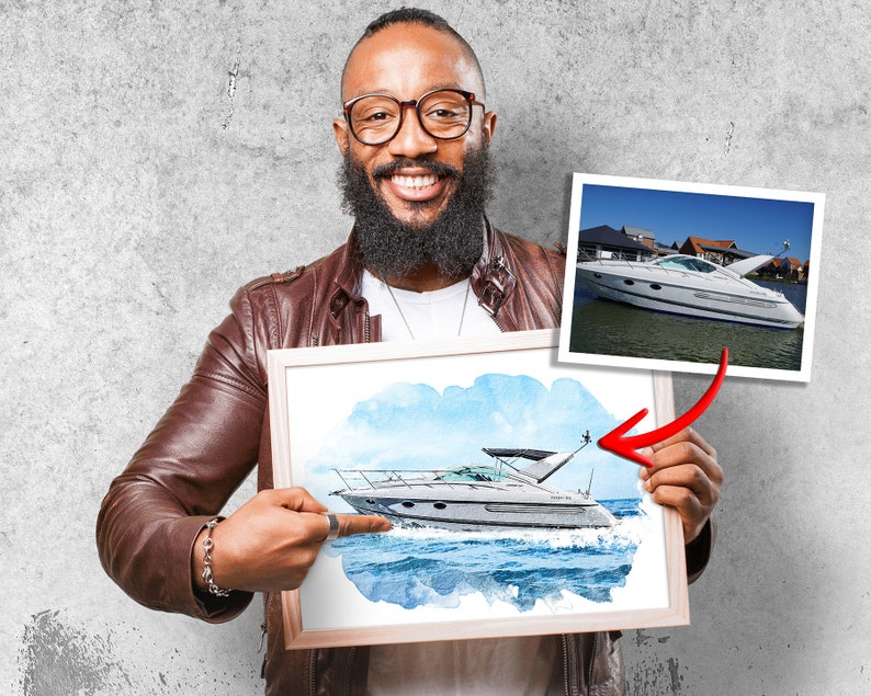 May include: A man is holding a framed watercolor painting of a white motorboat on the water. The painting is a stylized version of a photograph of the same boat.