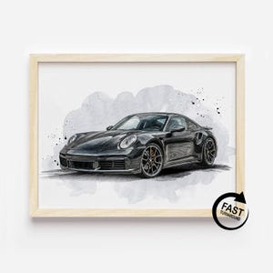 Aangepaste autoportret • Gepersonaliseerde autotekening van Porsche of een ander voertuig • Canvas of poster auto cadeau voor hem • Aquarel auto-illustratie