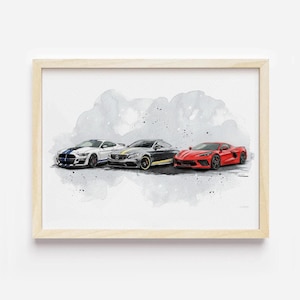 May include: Watercolor print featuring three sports cars: a white Mustang with blue stripes, a gray Mercedes-Benz with yellow accents, and a red Corvette. The cars are set against a gray watercolor background, framed in a light wood.