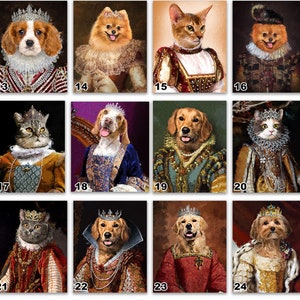 Pode incluir: Uma colagem de 12 imagens com v&aacute;rios animais de estima&ccedil;&atilde;o vestidos com trajes reais. Cada animal de estima&ccedil;&atilde;o usa uma coroa e um traje real, com um n&uacute;mero no canto inferior esquerdo de cada imagem.