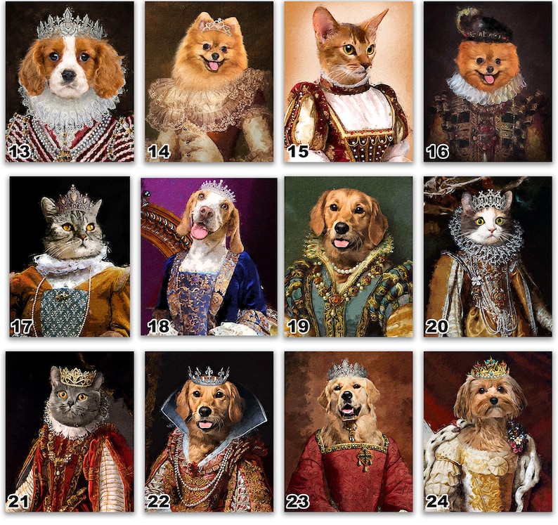Pode incluir: Uma colagem de 12 imagens com v&aacute;rios animais de estima&ccedil;&atilde;o vestidos com trajes reais. Cada animal de estima&ccedil;&atilde;o usa uma coroa e um traje real, com um n&uacute;mero no canto inferior esquerdo de cada imagem.