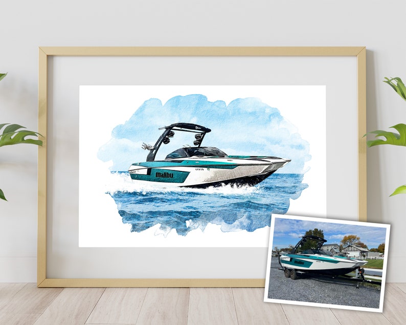May include: Watercolor painting of a white and teal boat with the word "Malibu" on the side, on a blue and white watercolor background. The boat is in the water and has a wake behind it.