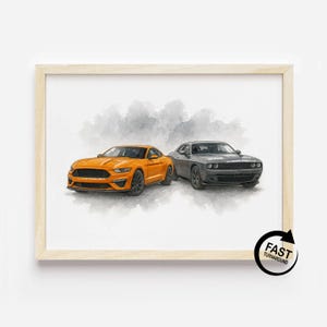 Muscle Car Watercolor Print – Vintage Automotive Wall Art Decor, Gift for Car Enthusiasts & Dad, Garage and Home Decor