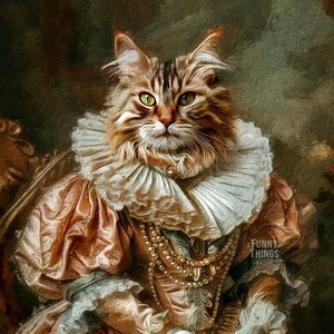 Pode incluir: Um gato tabby de pelo comprido usando um colar de renda branco e um vestido rosa e dourado. O gato tem olhos verdes e est&aacute; olhando diretamente para o espectador. A imagem &eacute; pintada em um estilo vintage.