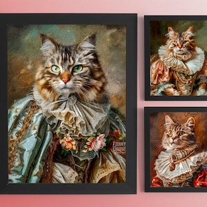 Pode incluir: Tr&ecirc;s retratos emoldurados de gatos vestidos com roupas vintage elaboradas. Os gatos s&atilde;o todos tabby marrons com olhos verdes. As molduras s&atilde;o pretas com um passe-partout branco. O texto "FUNNY THINGS" &eacute; vis&iacute;vel no canto inferior direito da moldura da esquerda.