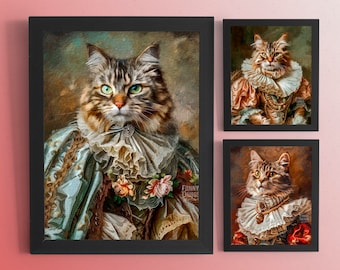 Watercolor Royal Cat Portrait, Renaissance Pet Painting, Digital Art