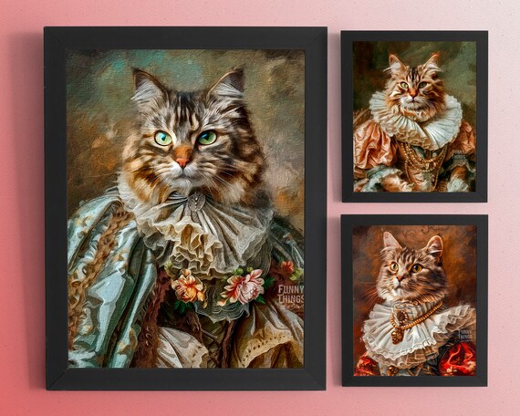 Watercolor Royal Cat Portrait, Renaissance Pet Painting, Digital Art