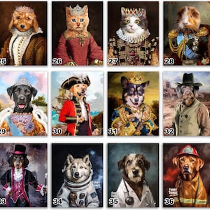 Pode incluir: Uma colagem de 12 imagens com v&aacute;rios animais vestidos com diferentes fantasias. Os animais incluem um c&atilde;o, um gato, um porquinho-da-&iacute;ndia e uma variedade de outras ra&ccedil;as. As fantasias incluem um rei, uma rainha, um pirata, um astronauta, um m&eacute;dico e um bombeiro. As imagens s&atilde;o pintadas em um estilo realista com um toque caprichoso.