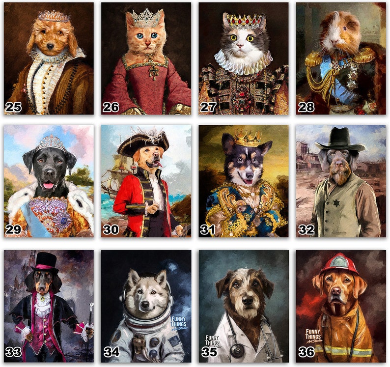 Pode incluir: Uma colagem de 12 imagens com v&aacute;rios animais vestidos com diferentes fantasias. Os animais incluem um c&atilde;o, um gato, um porquinho-da-&iacute;ndia e uma variedade de outras ra&ccedil;as. As fantasias incluem um rei, uma rainha, um pirata, um astronauta, um m&eacute;dico e um bombeiro. As imagens s&atilde;o pintadas em um estilo realista com um toque caprichoso.