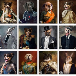 Pode incluir: Uma colagem de 12 imagens com v&aacute;rios animais vestidos com trajes reais. Cada animal &eacute; retratado em uma pose diferente e usa uma roupa &uacute;nica, incluindo um c&atilde;o com uniforme militar, um gato com uma t&uacute;nica de veludo e um coelho com uma coroa.