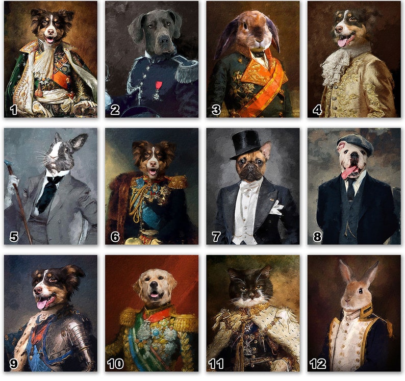 Pode incluir: Uma colagem de 12 imagens com v&aacute;rios animais vestidos com trajes reais. Cada animal &eacute; retratado em uma pose diferente e usa uma roupa &uacute;nica, incluindo um c&atilde;o com uniforme militar, um gato com uma t&uacute;nica de veludo e um coelho com uma coroa.
